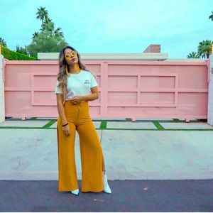 Yellow High Wasted Zip Up Pants with Leg Slit